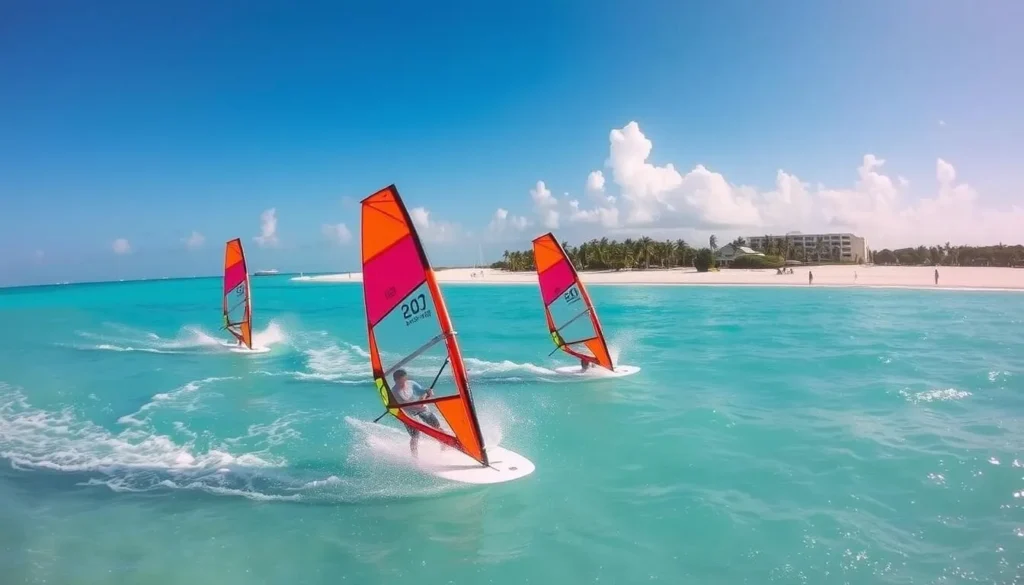 Windsurfing at Druif Beach with colorful sails against blue sky