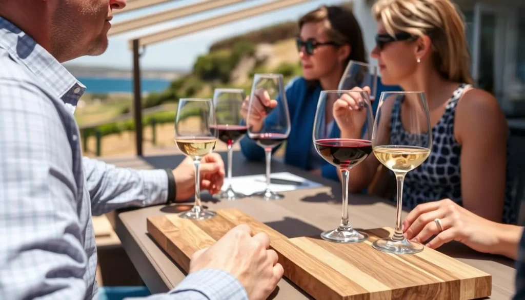 Wine tasting at False Cape Wines vineyard on Kangaroo Island with ocean views