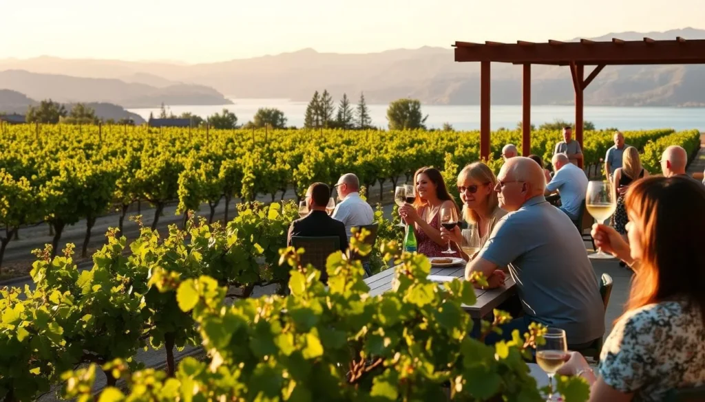 Wine tasting at a Chelan winery with vineyard views and mountains in the background