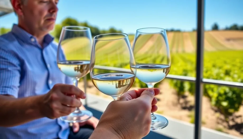 Wine tasting at a Gisborne vineyard with rows of vines in the background
