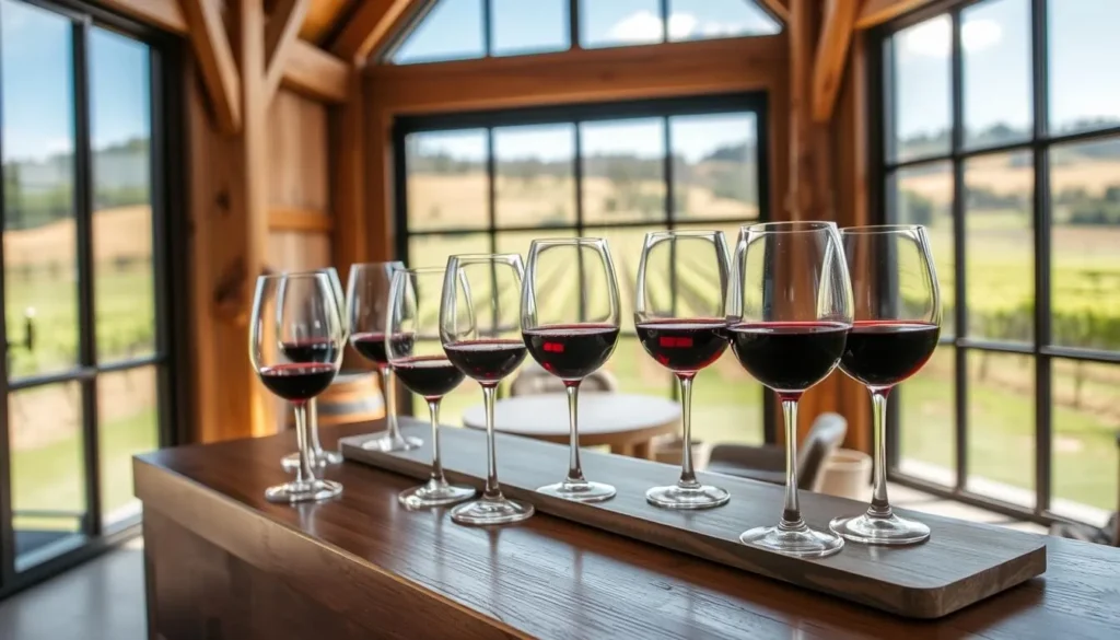 Wine tasting experience at a Mudgee cellar door with glasses of red wine and vineyard views Wine tasting experience at a Mudgee cellar door with glasses of red wine and vineyard views