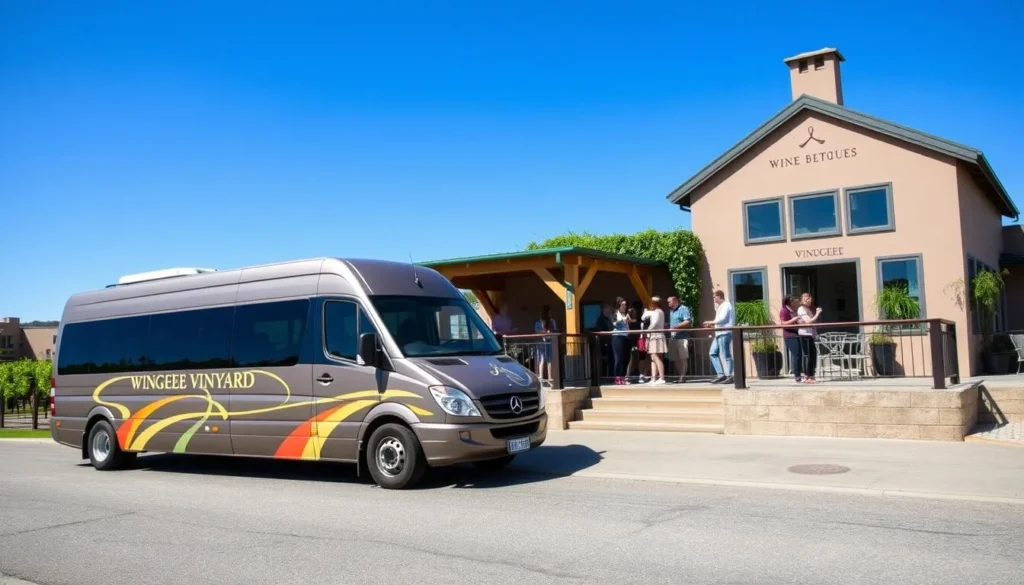 Wine tour van parked at a Mudgee vineyard with tourists enjoying a guided tasting experience Wine tour van parked at a Mudgee vineyard with tourists enjoying a guided tasting experience