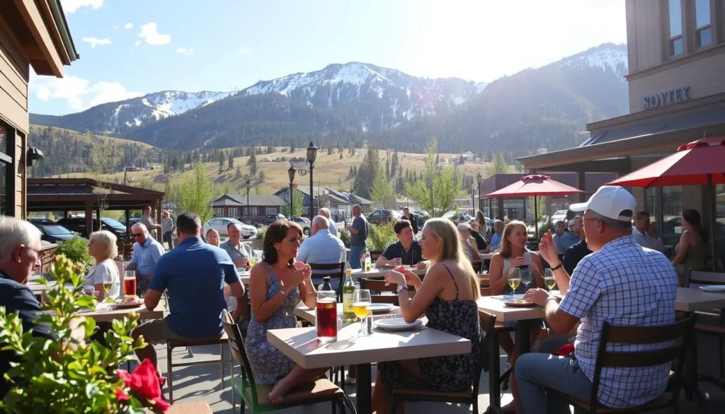 Winter Park Colorado visitors enjoying outdoor dining in summer Winter Park Colorado visitors enjoying outdoor dining in summer