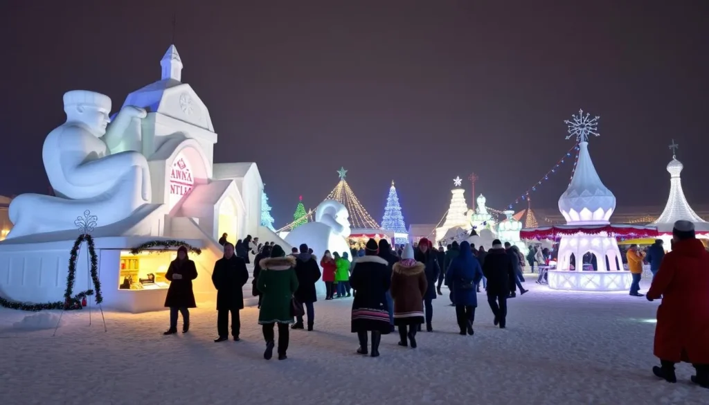 Winter festival in Arkhangelsk with snow sculptures and celebrations