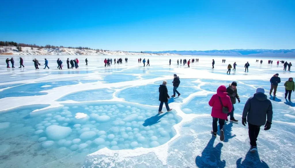 Winter ice activities on Lake Baikal with transparent ice formations Winter ice activities on Lake Baikal with transparent ice formations