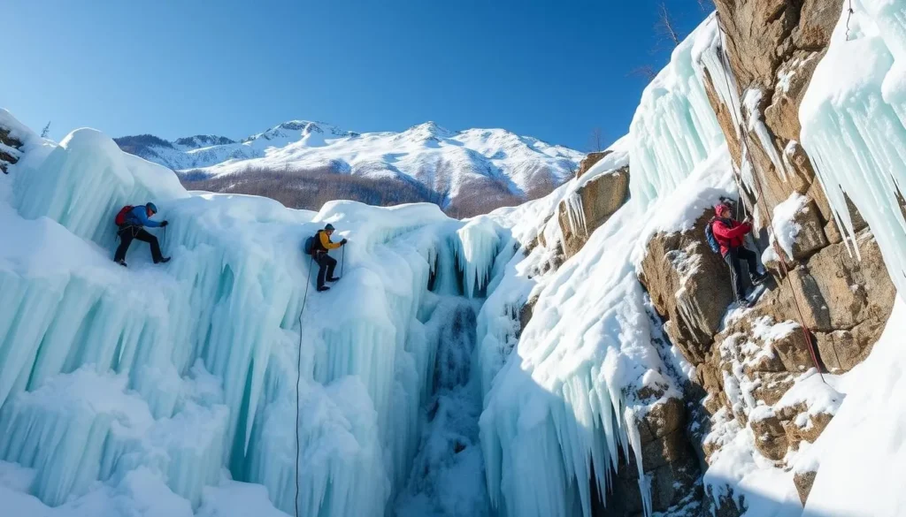 Winter ice climbing on frozen waterfalls in Smugglers Notch with climbers in colorful gear