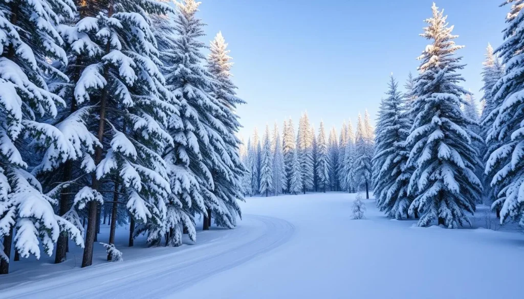 Winter landscape in Koygorodsky National Park with snow-covered taiga