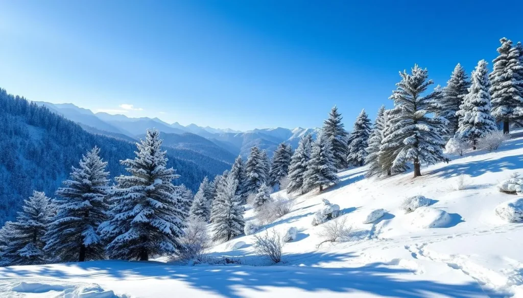 Winter landscape of Kobayat Lebanon covered in snow with pine trees