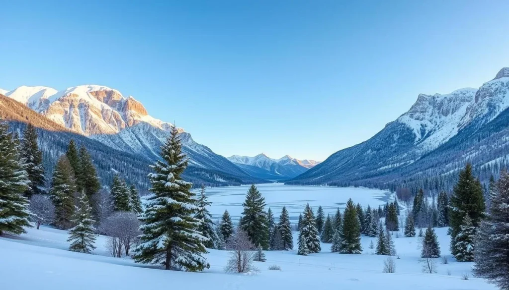 Winter scene at East Canyon State Park with snow-covered mountains and frozen reservoir