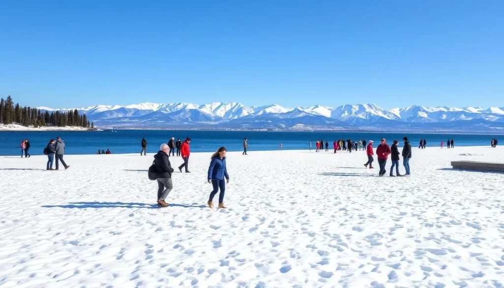 Winter scene at Kings Beach State Recreation Area with snow-covered mountains and Lake Tahoe