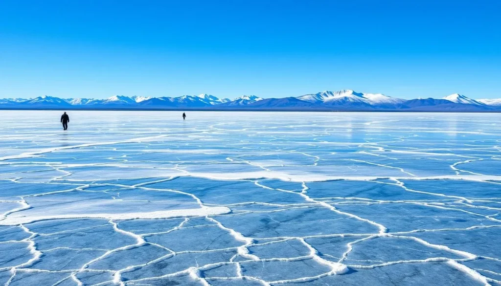 Winter scene at Lake Baikal showing thick transparent ice with cracks and people walking on the frozen surface Winter scene at Lake Baikal showing thick transparent ice with cracks and people walking on the frozen surface