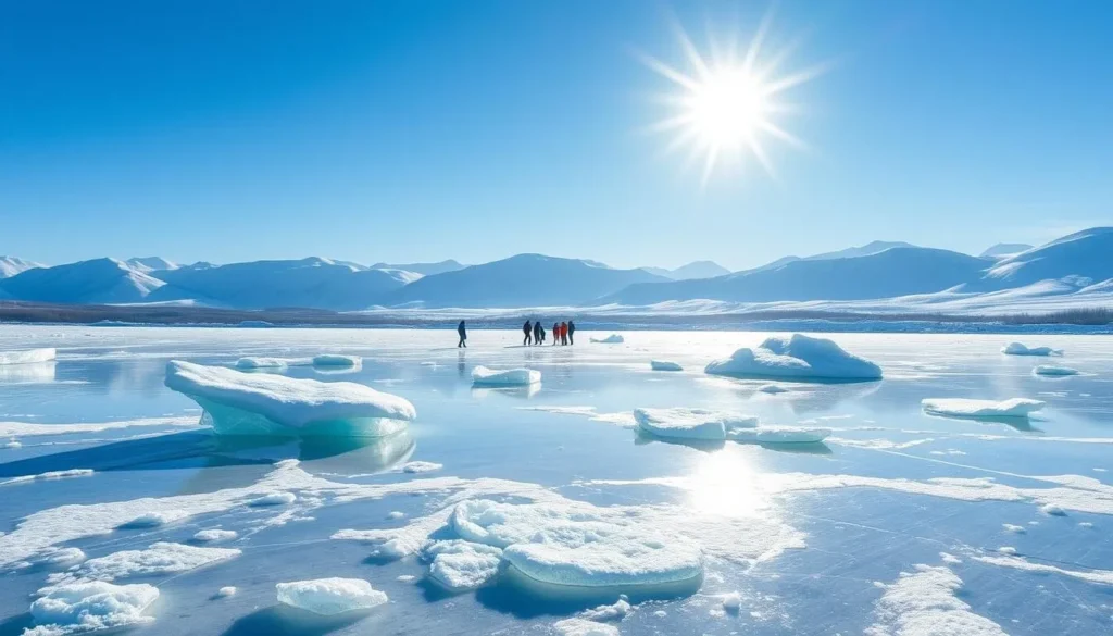 Winter scene at Lake Donjon with transparent blue ice formations and tourists ice skating Winter scene at Lake Donjon with transparent blue ice formations and tourists ice skating