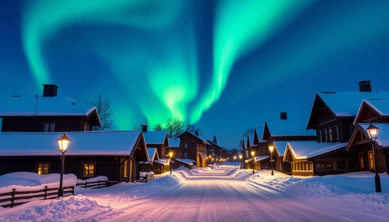 Winter scene in Arkhangelsk with snow-covered buildings and Northern Lights in the sky