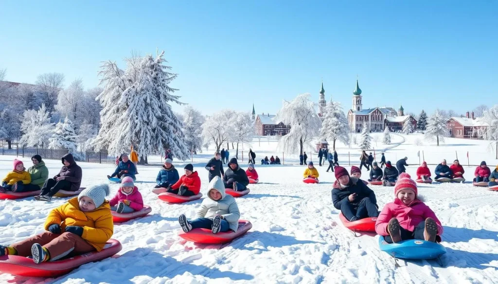 Winter scene in Kirov with families sledding in a snow-covered park Winter scene in Kirov with families sledding in a snow-covered park
