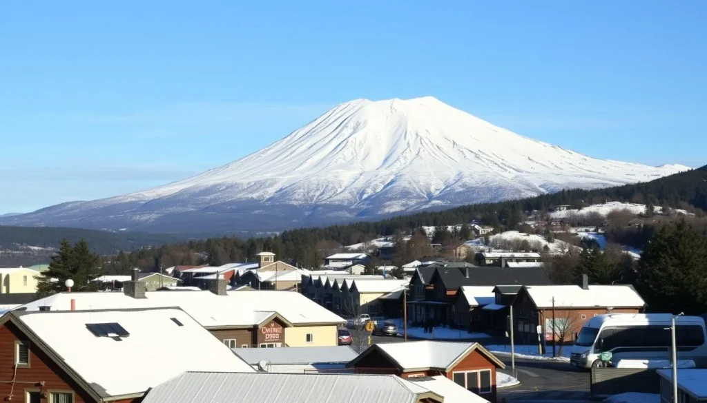 Winter scene of Ohakune town with snow-capped Mount Ruapehu in the background Winter scene of Ohakune town with snow-capped Mount Ruapehu in the background