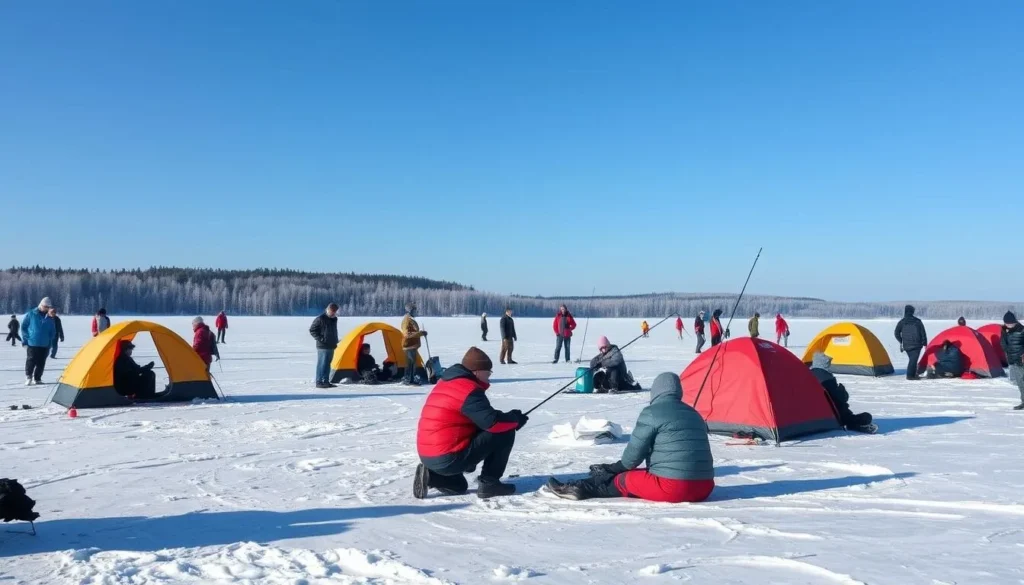Winter scene of ice fishing on frozen Lake Kamskoe with colorful fishing tents