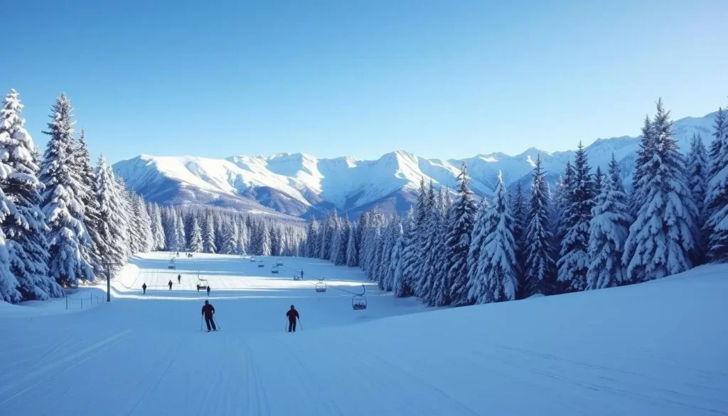 Winter scene of people skiing at Stevens Pass near Leavenworth with snow-covered mountains