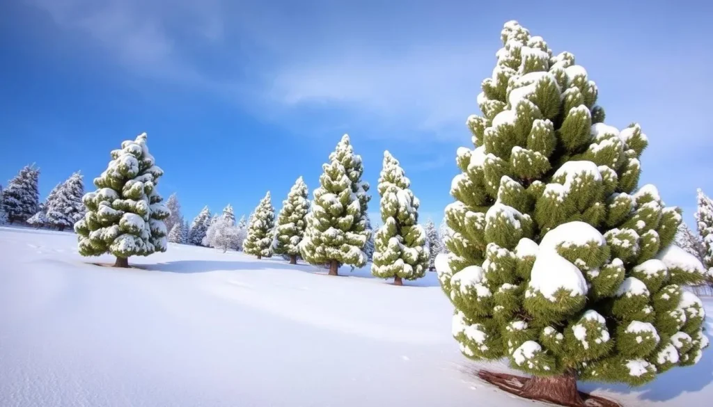 Winter scene with snow-covered cedar trees in Ifrane National Park, Morocco