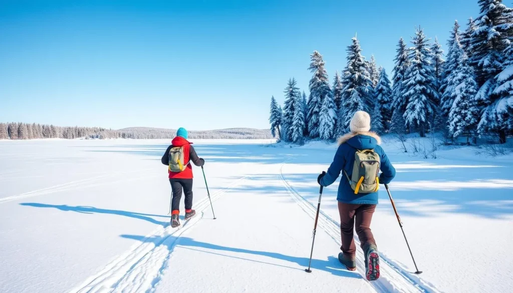 Winter scene with snowshoers traversing a frozen lake in Kawartha Highlands