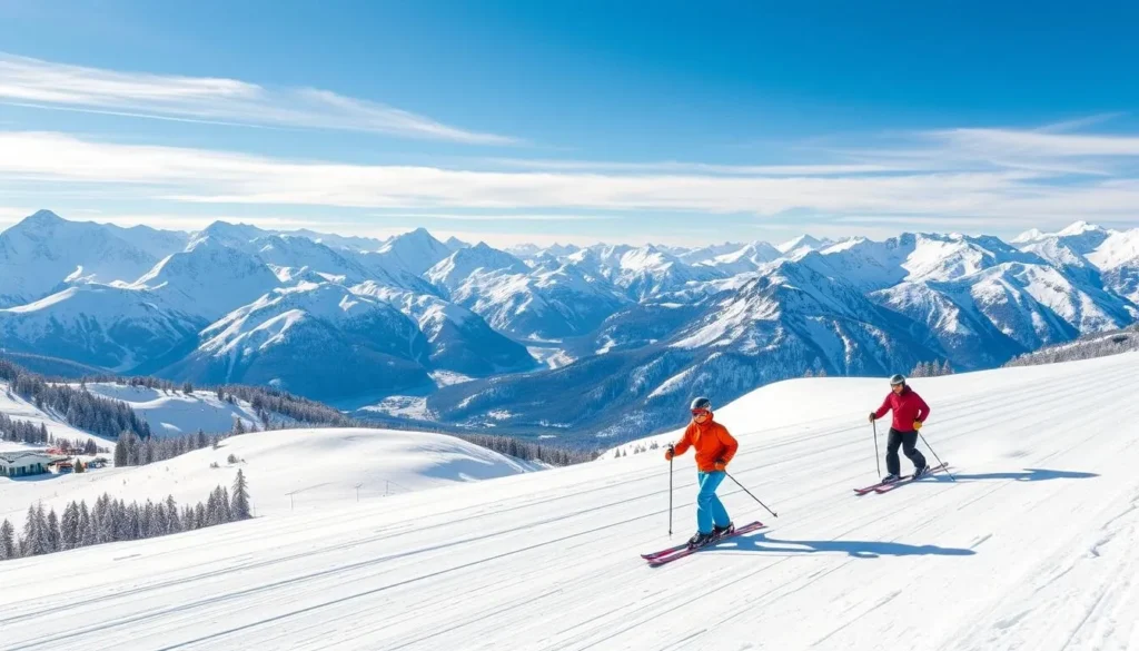Winter skiing at Chamrousse ski resort near Grenoble with perfect snow conditions Winter skiing at Chamrousse ski resort near Grenoble with perfect snow conditions