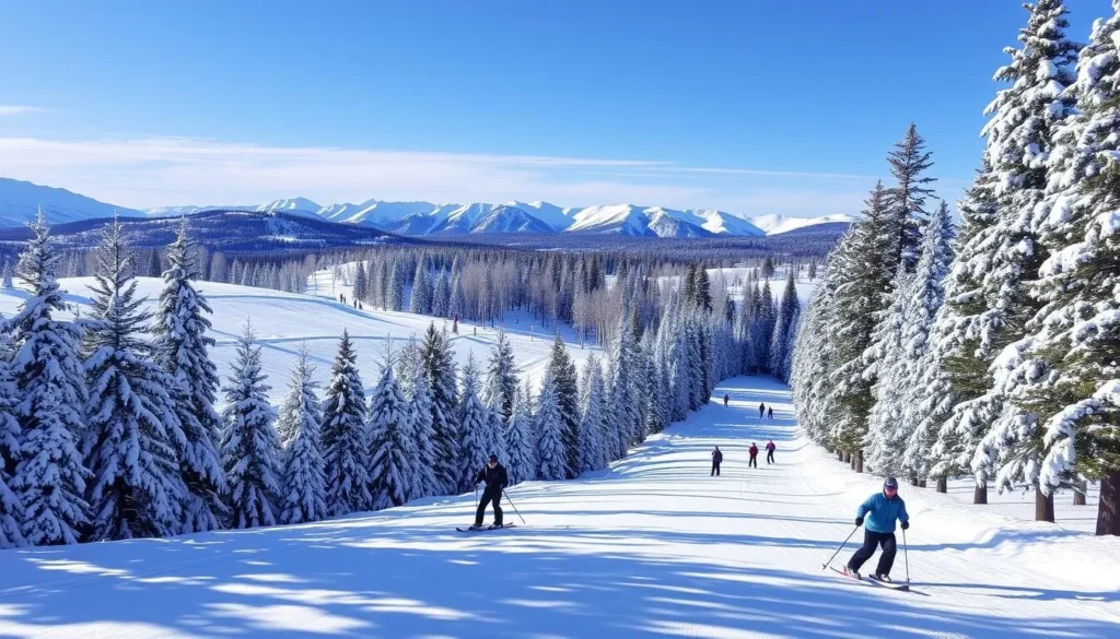 Winter skiing at Northstar California Resort near Truckee with skiers on slopes Winter skiing at Northstar California Resort near Truckee with skiers on slopes