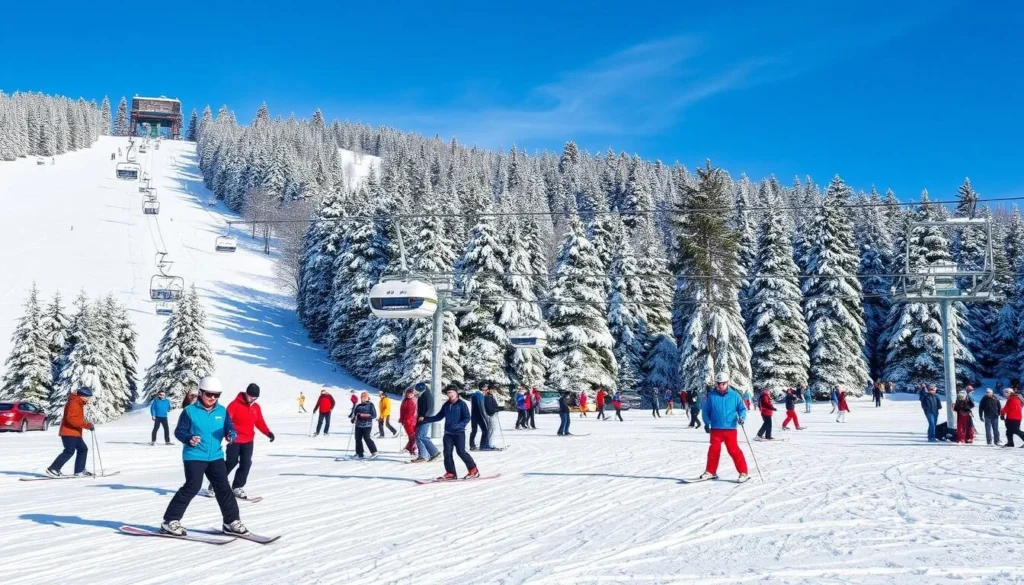 Winter skiing at one of Chelyabinsk region's ski resorts with snow-covered slopes
