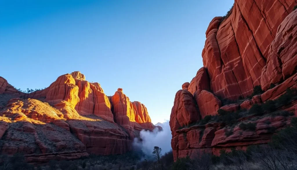 Winter sunrise at Kings Canyon in Watarrka National Park showing the red canyon walls illuminated by golden morning light