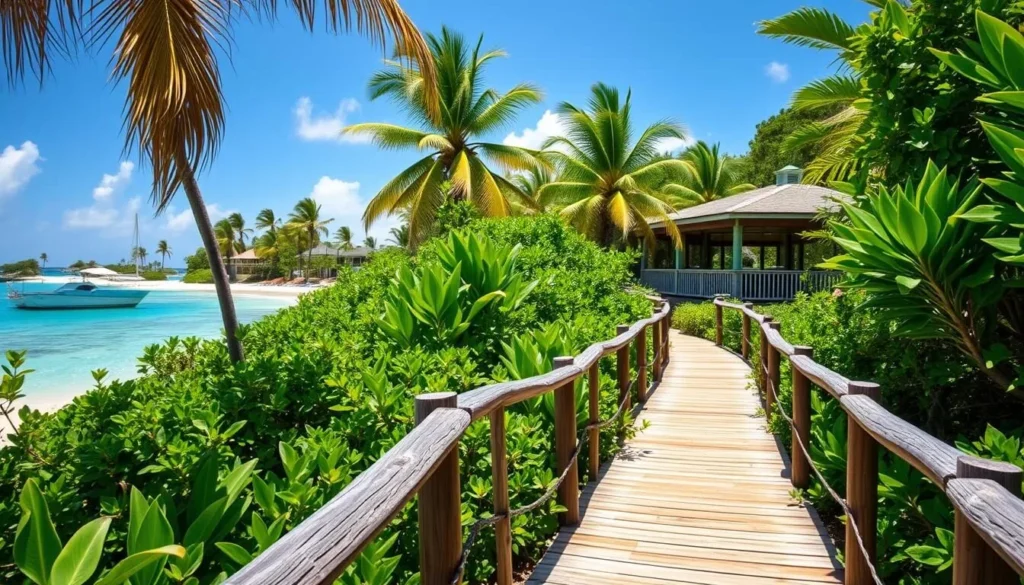 Wooden boardwalk connecting different areas of Cooper Island Beach Club with tropical vegetation on both sides