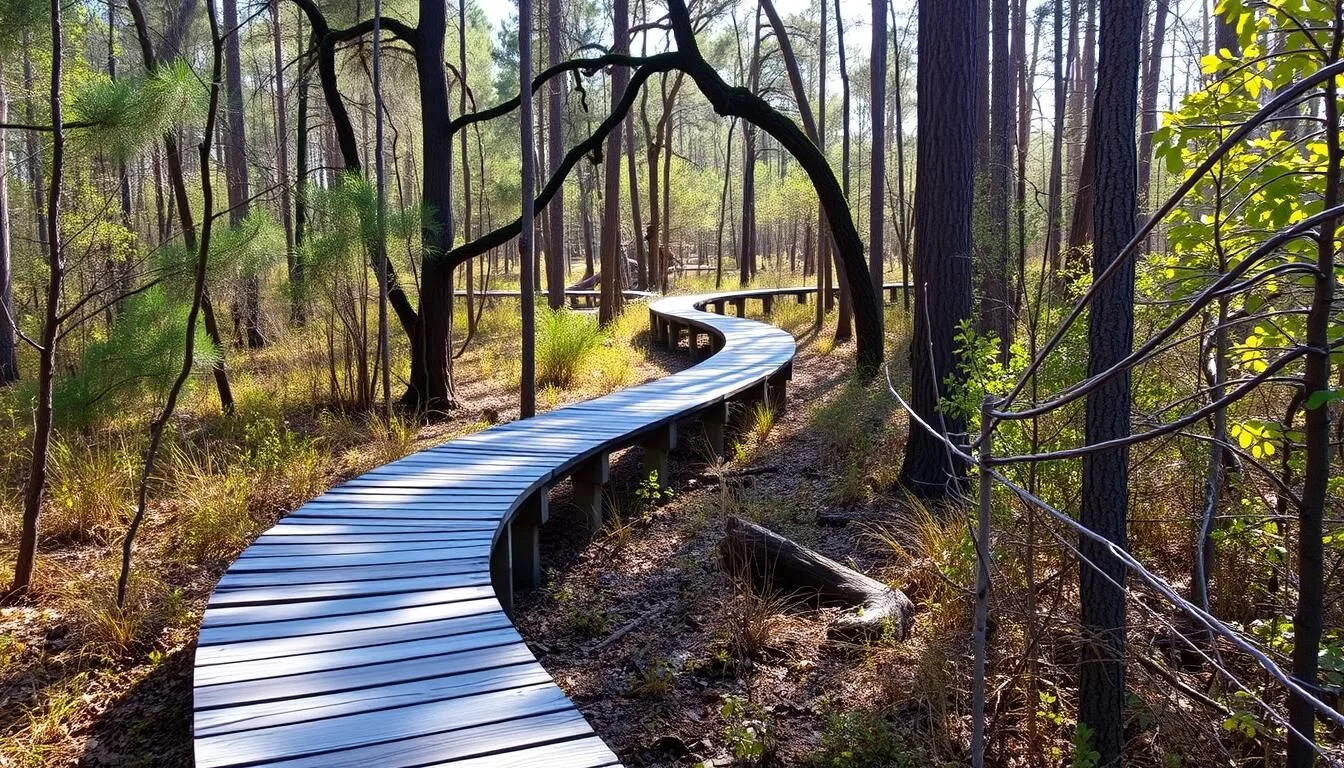 Wooden boardwalk on the North Trail at Camp Helen State Park