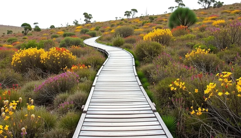 Wooden boardwalk through heathland on the Griffiths Trail at Barren Grounds Nature Reserve