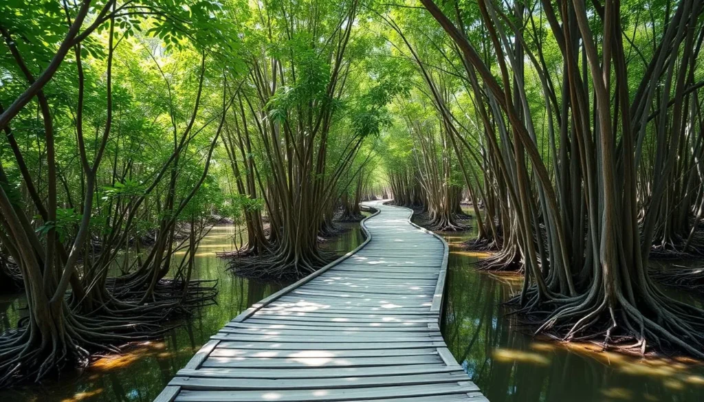 Wooden boardwalk through the lush mangrove forest in Karimunjawa National Park