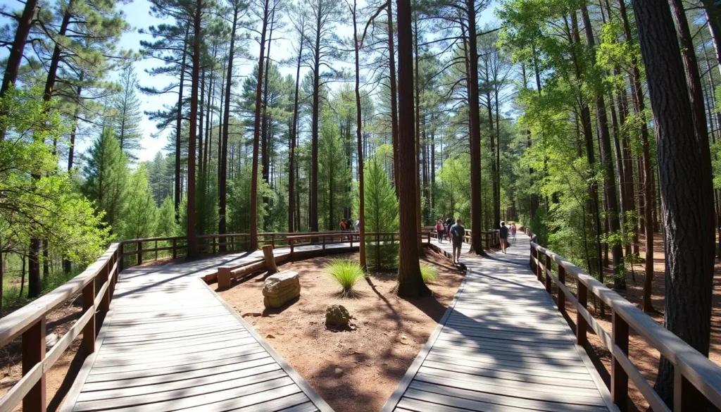 Wooden boardwalk trail through Lake Talquin State Park forest Wooden boardwalk trail through Lake Talquin State Park forest