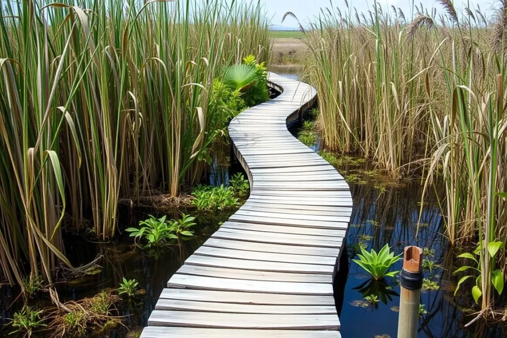 Wooden boardwalk trail through wetland area of Rawa Aopa Watumohai National Park