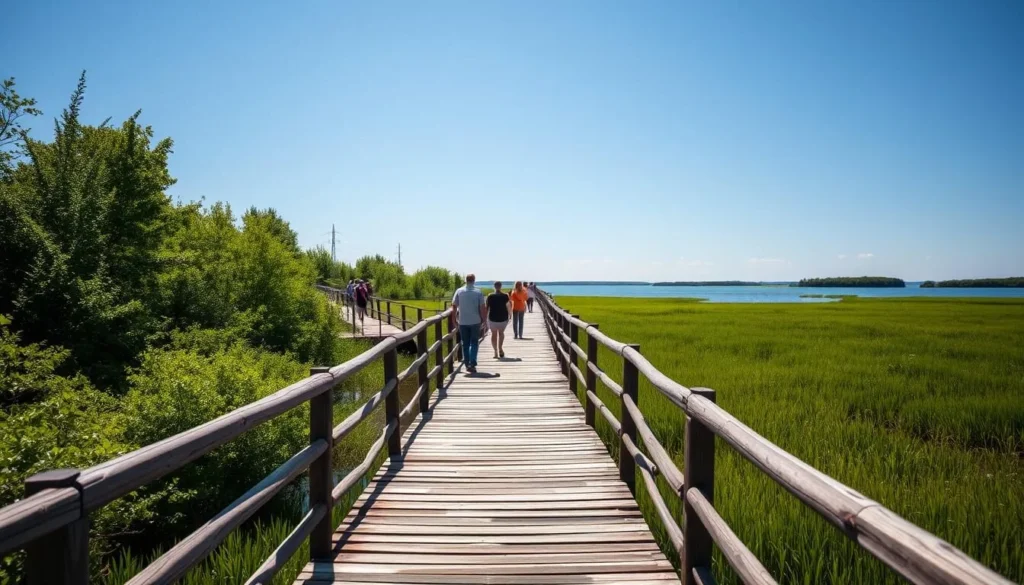 Wooden boardwalk trail through wetlands at Lake Khanka Nature Reserve with visitors walking