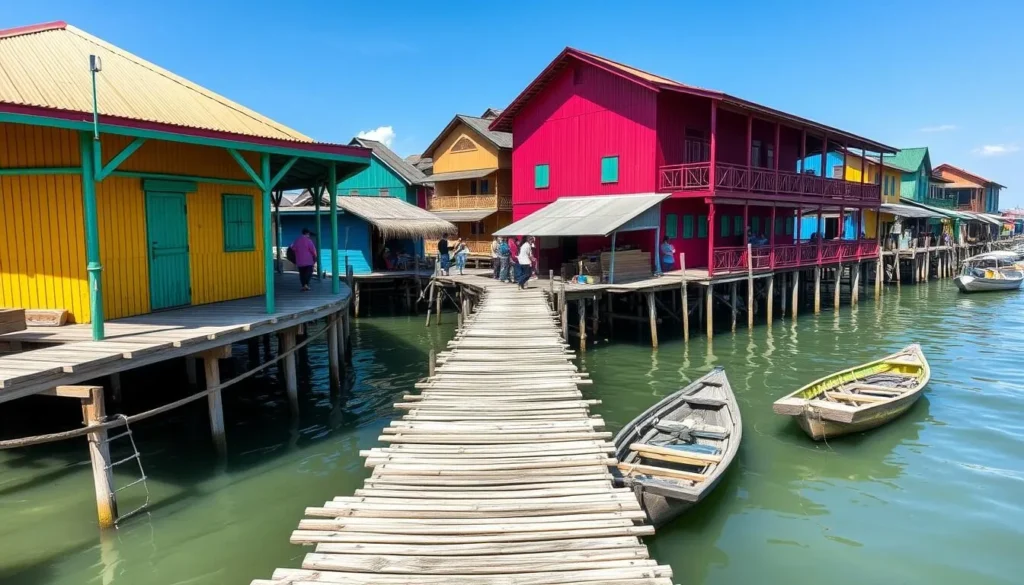 Wooden boardwalks connecting colorful houses in Bontang Kuala floating village