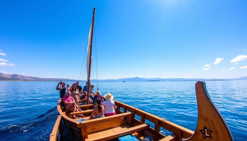 Wooden boat sailing on the Sea of Galilee with tourists enjoying the experience Wooden boat sailing on the Sea of Galilee with tourists enjoying the experience