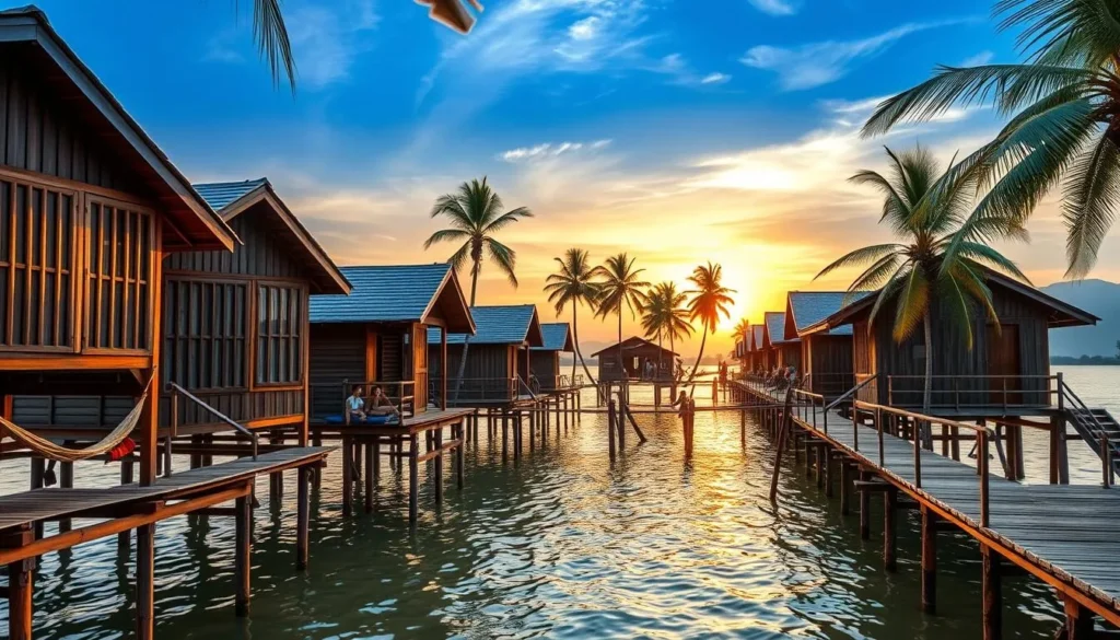 Wooden bungalows on stilts over the Mekong River at Don Det island in Si Phan Don