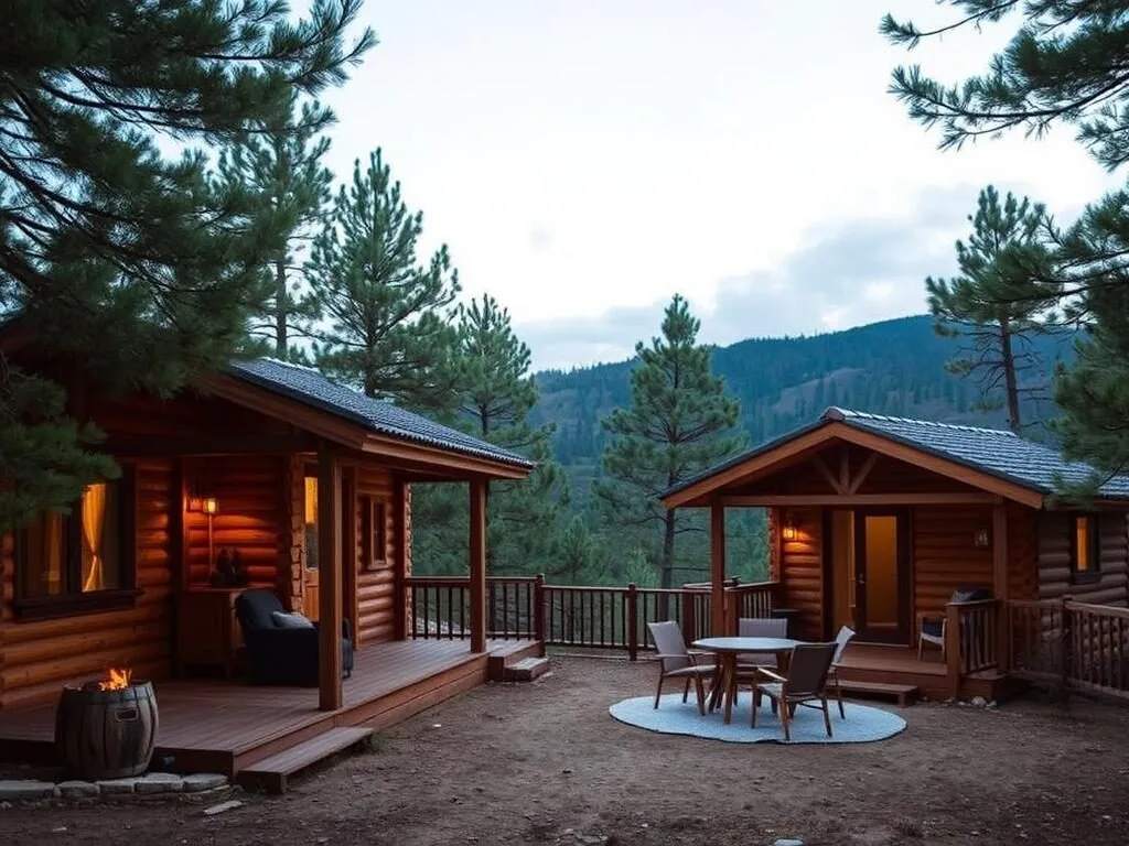 Wooden cabins at Ajloun Forest Reserve surrounded by pine trees Wooden cabins at Ajloun Forest Reserve surrounded by pine trees