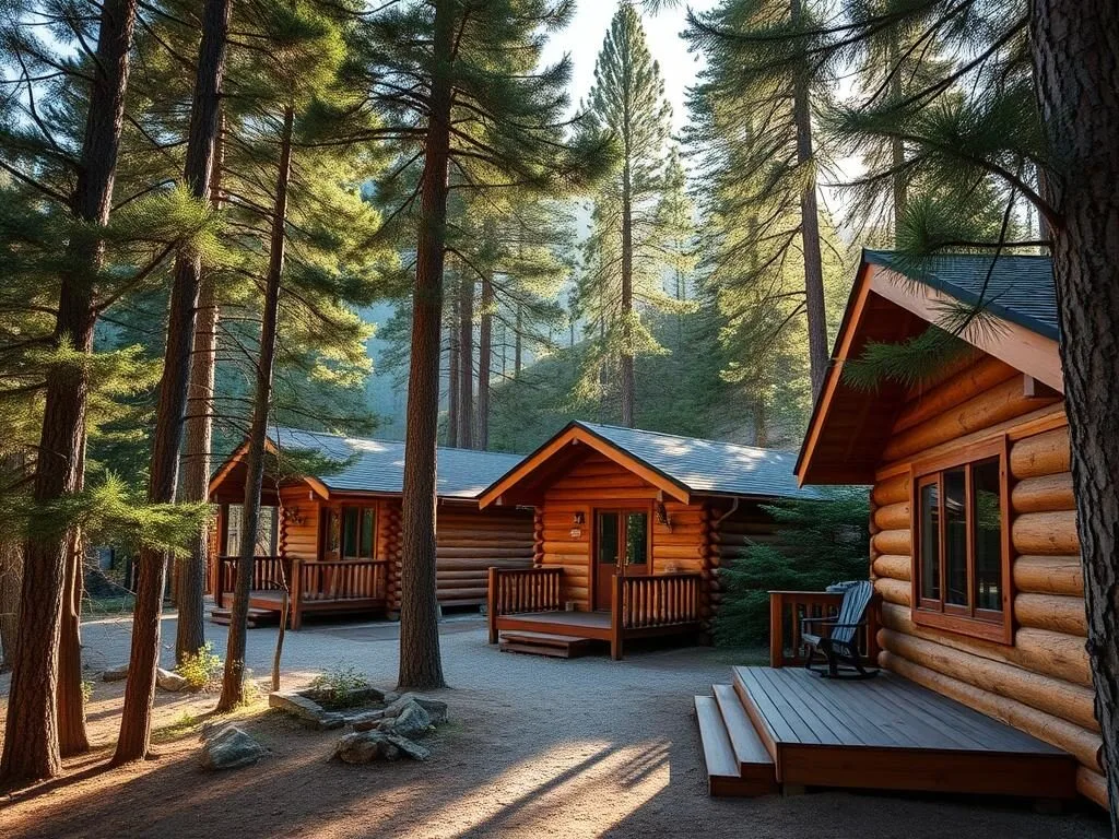 Wooden cabins of Caleta Gonzalo Lodge in Pumalin Park Chile surrounded by forest