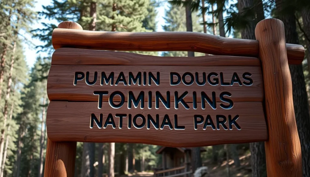 Wooden entrance sign to Pumalin Douglas Tompkins National Park Chile