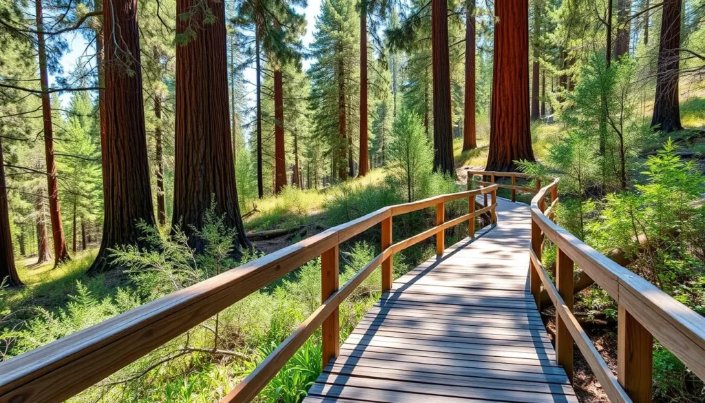 Wooden hiking trail with railings winding through Azalea State Natural Reserve, California