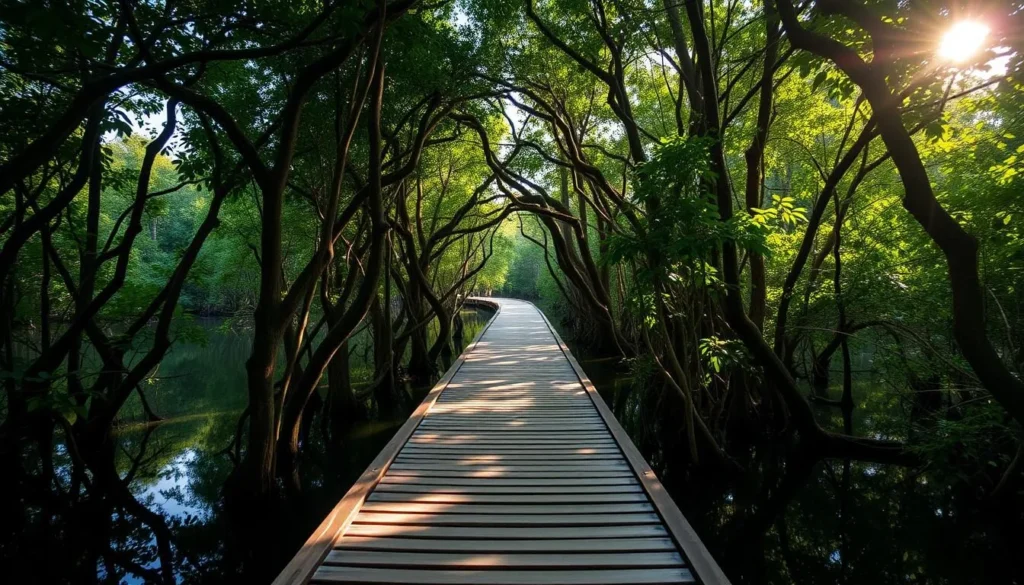Wooden walkway through the mangroves in Utria National Natural Park