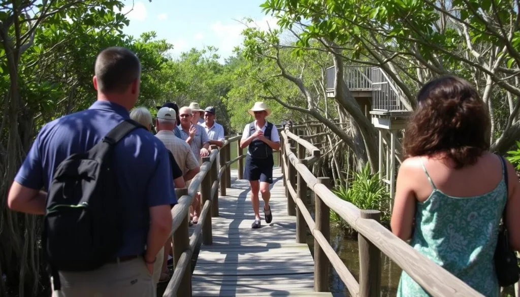 Wooden walkway through the mangroves of Isla Contoy National Park with tour guide leading visitors