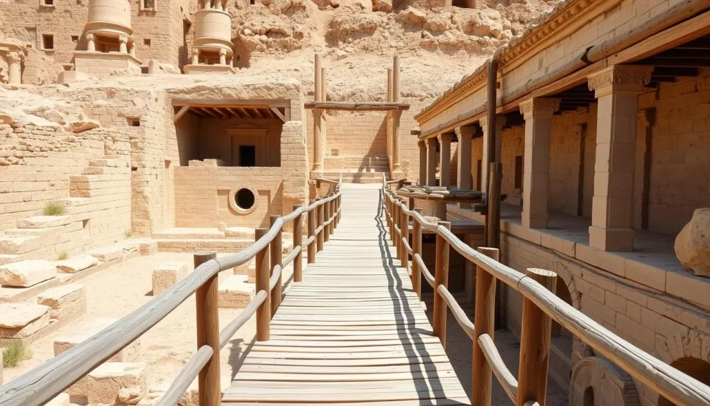 Wooden walkways and paths at Al-Maghtas archaeological site allowing visitors to explore the ruins