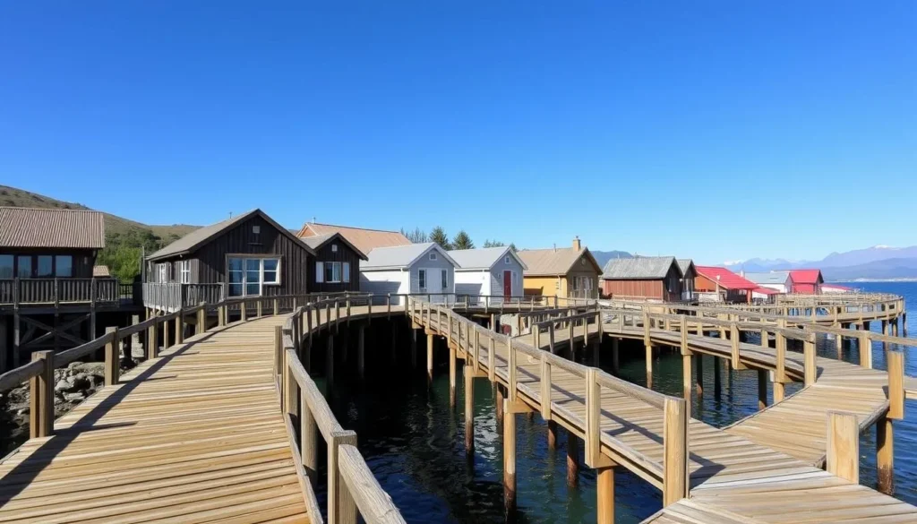 Wooden walkways of Caleta Tortel village built on stilts