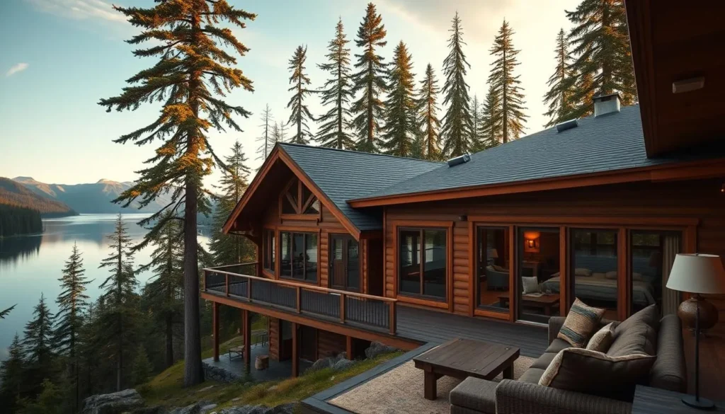 Wooden wilderness lodge overlooking the water in the Great Bear Rainforest