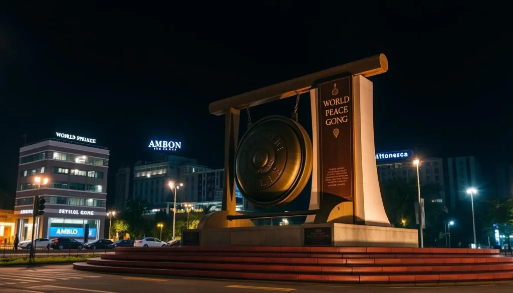 World Peace Gong monument in Ambon city center illuminated at night