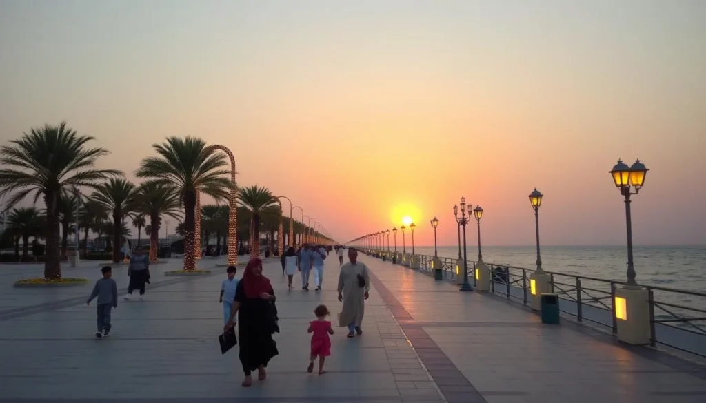 Yanbu's North Corniche at sunset with families enjoying the promenade and sea views