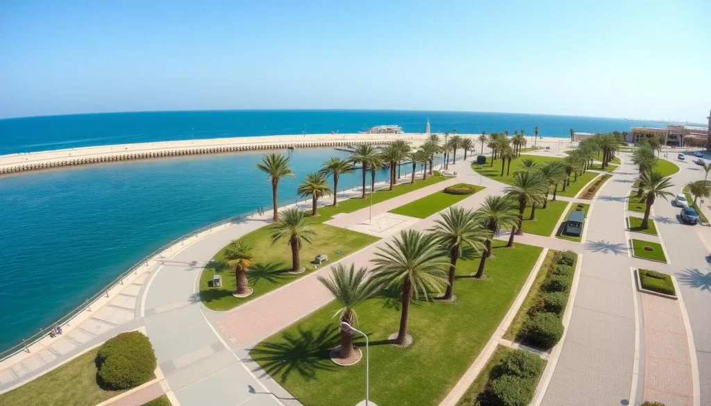 Yanbu's waterfront promenade with walking paths, greenery, and the Red Sea in the background