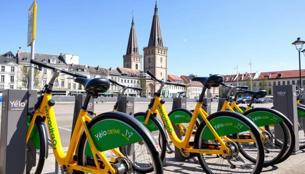 Yellow city bikes for rent in La Rochelle with the historic towers in background, popular during the best time to visit